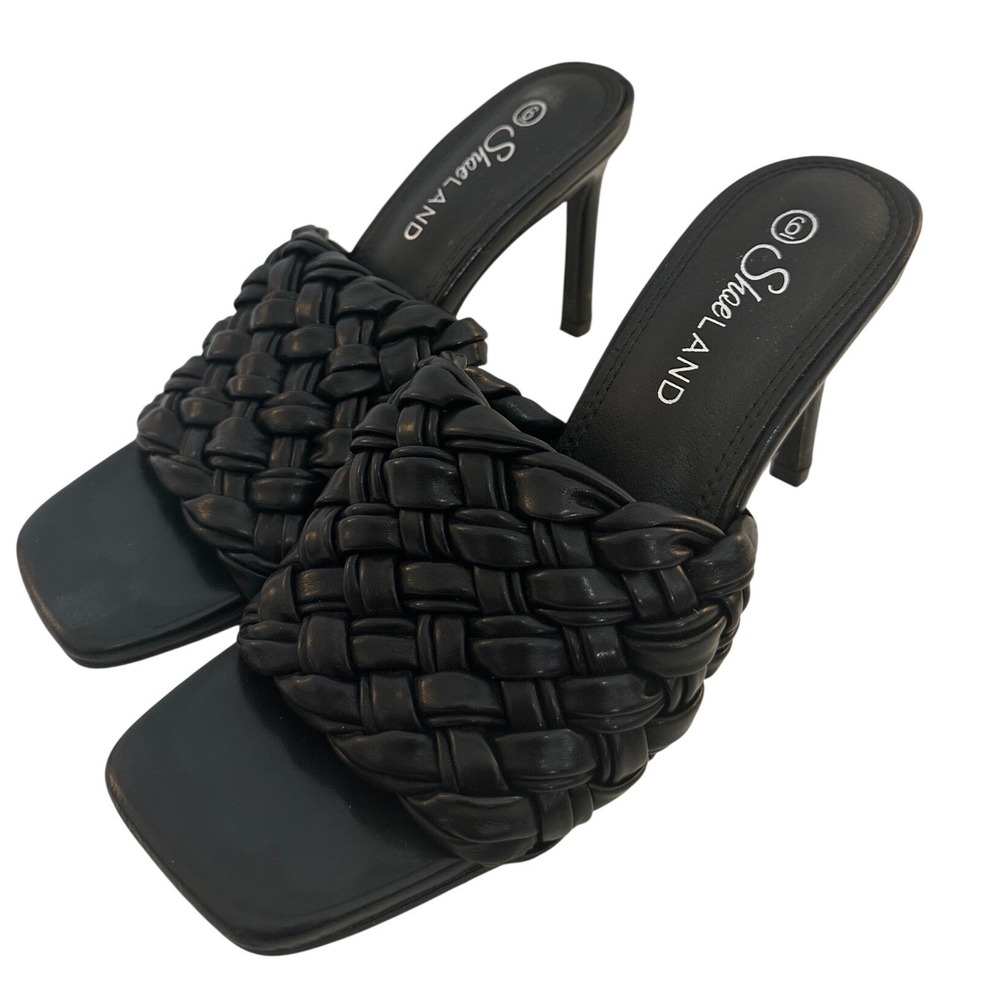Shoeland Women's Black Braided Square Toe Stiletto Heel Mules Size 6